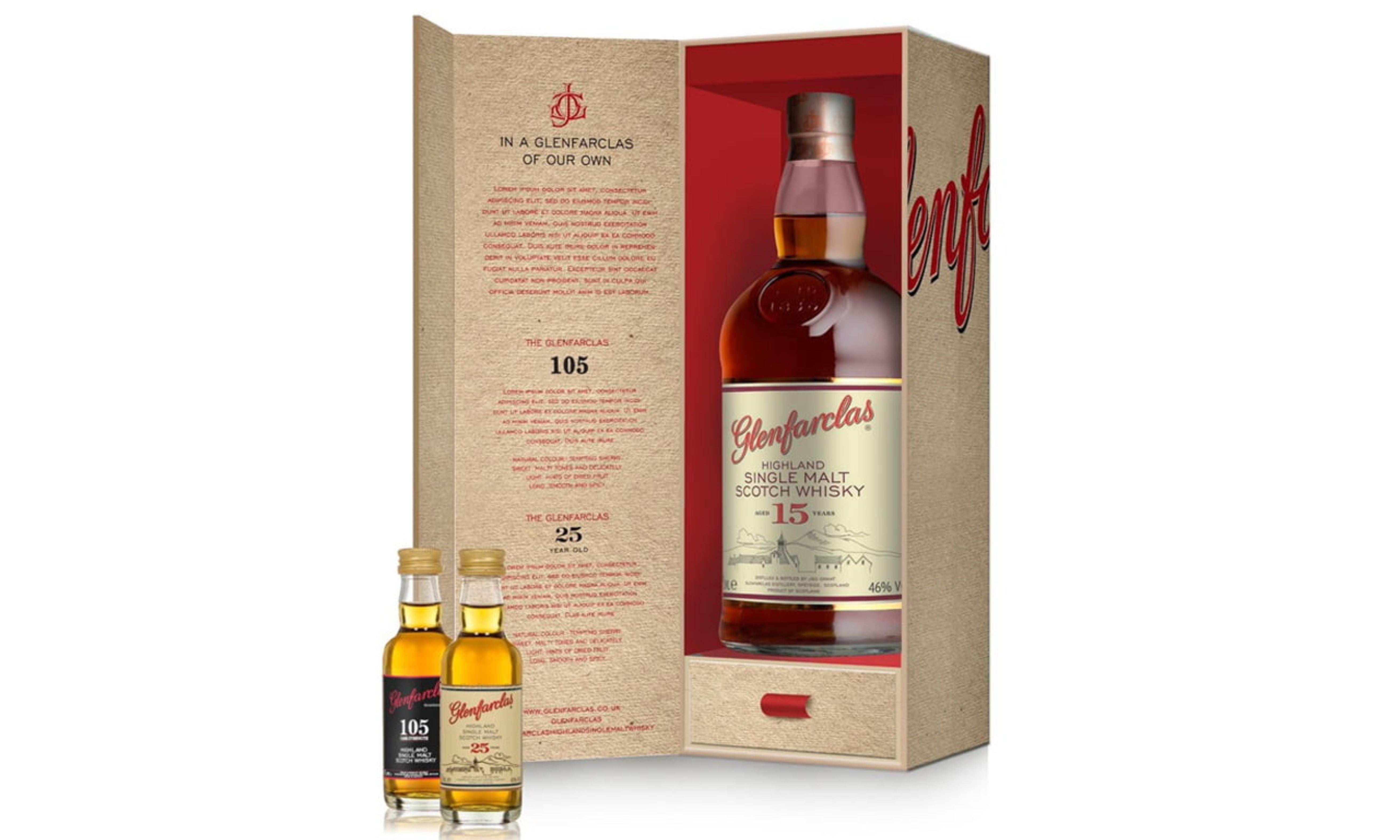Glenfarclas Single Malt Tasting Pack, Scotland - (15yo - 70cl, 105 - 5cl, 25yo - 5cl)